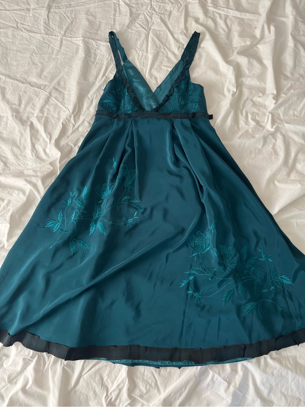 Sue Wong Teal Embroidered V-Neck Midi Dress - Picture 9 of 11